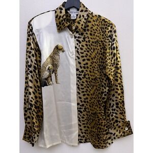 Vintage Paolo Santini Art 100% Silk Blouse Leopard Cheetah Print Size 10